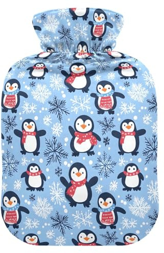 Wärmflasche, 2 l, großer Wärmbeutel mit weichem Plüschbezug, Weihnachts-Pinguin, auslaufsicherer Schraubverschluss, ideal für Wintersport, Outdoor, Rücken, Nacken und Bein, kalte Muskelschmerzen und