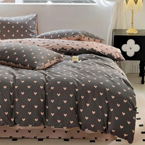 Nayoroom Bettwäsche 155x220 Rosa Schwarz Herzen Herz Muster Wende Bettwäsche Set Microfaser 2teilig, Modern Aesthetic Herzchen Bettbezug und 1 Kissenbezug 80x80 cm mit Reißverschluss