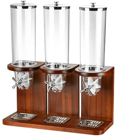 Countertop Cereal Dispenser with PC Barrel and Wood Base, 3.5L/7L/10.5L Dry Food Dispenser Snacks Organizer Storage Containers for Pantry, Kitchen Counter, Triple