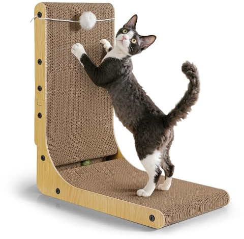 Gimars Rascador para Gatos Grandes en Forma de L de 47 cm, Tablero Rascador con Peluche y Bolas de Catnip, Rascador de Cartón para Montar en la Pared, Juguetes para Gatos para Proteger Muebles, Madera