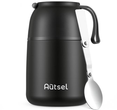 Autsel Food Flask for Cold/Hot Food, 500ml Thermal Soup Flask, Insulated Food Container, Stainless Steel Food Jar with Folding Spoon - Keep 12h Cold & Hot