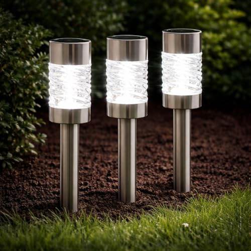 Garden Mile Solar de acero inoxidable luces de jardín LED jardín juego al aire libre luz bolardo pad fronteras patio resistente a la intemperie luz cálida (3 piezas Martello Bolders)