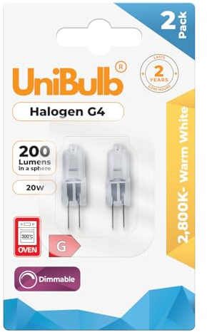 Unibulb G4 Halogen Capsule Light Bulb, 200 lumens, 20W, 2 Pin Base, 2800K (Warm White), 300℃ Heat Tolerant for Oven/Microwave, Dimmable, 2yr Lifespan (2)