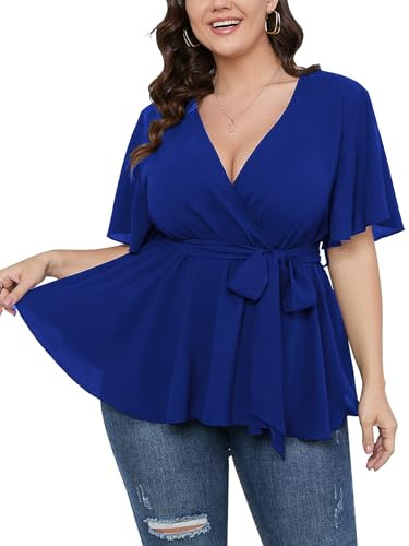SCOMCHIC Women's Plus Size Short Sleeve V Neck Wrap Belted Ruffle Peplum Blouse Tops, Royal Blue, XL Plus