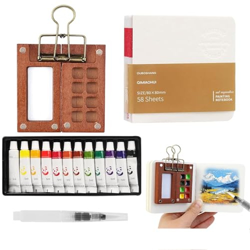 PONGH Mini Aquarellfarben Sets, Skizzenbuch Palette Set 8 Grids, 12 Farben Tragbare Aquarell Palette mit Aquarellpapier Journal, Aquarellpinsel Stiftel, Clip für Maler, Künstler, Studenten