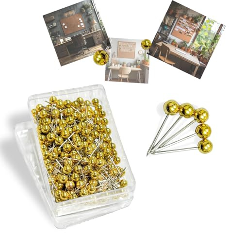QQdou Push Pins, World Travel Map Pin, Marking Pushpins for Cork Board, Round Head Drawing-Pins, Small Thumb Tacks, Notice Board Picture Photo Bedrooms Home Office School DIY Craft(Gold-A)