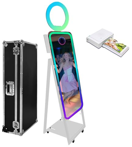 Cabine photo miroir magique de 101,6 cm, écran tactile interactif de 54,6 cm, mini PC intégré, lumière RVB et partage pour événement, fête, location de mariage (blanc, machine + mini imprimante)