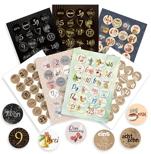 colortouch 7 x 24 Adventskalender Zahlen Aufkleber (1-24) Adventskalenderzahlen Etiketten Selbstklebend, 168 St Sticker für Kalender zum selber basteln für Weihnachten, Rund Zahlenaufkleber Nummern