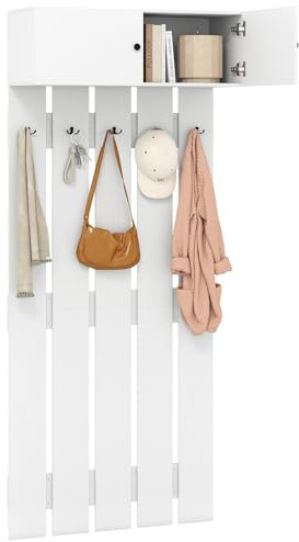 COSTWAY Coat Rack Wall Mounted, 90cm Entryway Coat Hooks with Shelf, 2-Door Cabinet and 5 Double Hooks, Wooden Wall Clothes Rack Hanger Organiser for Hallway Bedroom Bathroom (White)