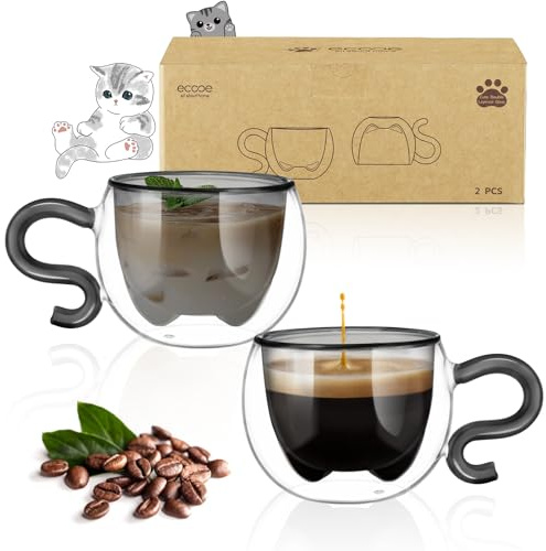 ecooe 130 ml Noir Mignon Chat Verres à Café à Double Paroi Tasses à Expresso Lot de 2, Verre Tasse de Chat Cadeau d'Anniversaire Cadeaux pour Femmes, Hommes, Verres à Expresso pour Café Glacé et Lait