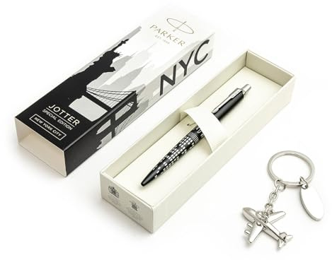 Parker Jotter Global Icons New York Kugelschreiber-Geschenkset - Limitierte Auflage mit Flugzeug-Schlüsselanhänger - Chromrand - Kultiges Design inspiriert von NYC