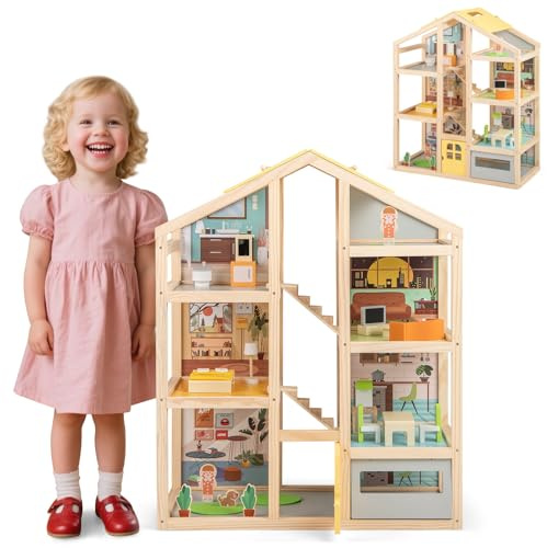 HOMASIS Maison de Poupée en Bois avec Meubles et 24 Accessoires, Château de Poupée Multicolore avec 4 Etages et de Nombreuses Chambres, Maison Jouet pour Filles de 3 Ans+