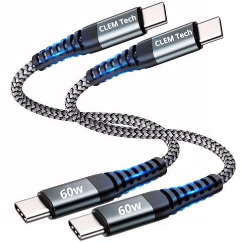 CLEM Tech - Lot de 2 Cables USBC USBC de 30cm Gris - Type C Charge Rapide pour Smartphone Ordinateur Console Tablette.. USB-C Court Idéal Voiture Bureau Chevet