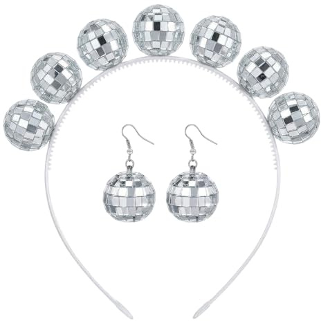 Discokugel Haarreif Discokugel Kostüm Accessoires mit Haarreif Kugeln und Silber Ohrringe für 70er 80er Cosplay, Karneval, Mottoparty, Maskerade