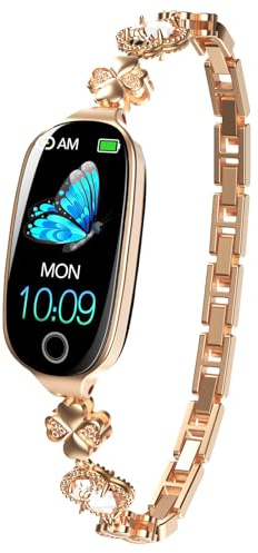 findtime Smartwatch Damen Gold Silber Schrittzähler Uhr Damen Smart Bracelet Fitness Tracker Activity Trackers mit Herzfrequenzmesser Schlaftracker Kalorie Distanz-Tracking (Kristallglas-Roségold)