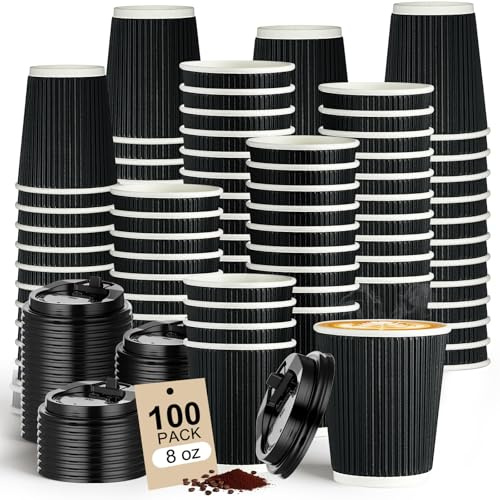 ALEXPRE 8oz 100 Pack Black Disposable Coffee Cups with Lids | Insulated Ripple Triple Wall Paper Cups, Disposable Cups for Takeaway Hot&Cold Drinks, Office, Home, Cafe, Party, Travel