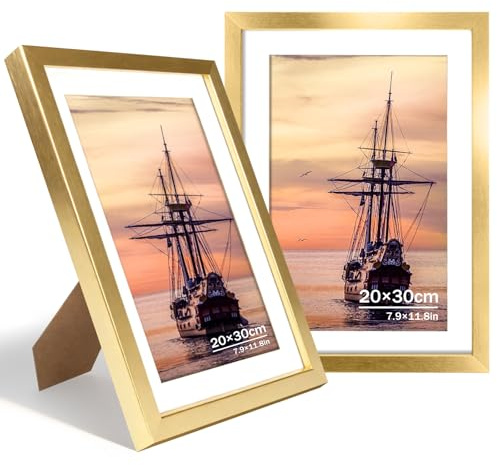 FOSER Bilderrahmen 20×30 cm, 2 Stück, Versatile Neuer Bilderrahmen Gold, für Wand und Tisch, mit Wandhaken und Halterungen (Gold, 20×30cm / 2x)