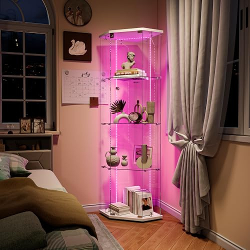 BPKADHY Vitrine d'angle en verre avec éclairage LED, moderne, à poser sur pied, pour objets de collection, livres, vin, 4 étagères en verre et 1 porte verrouillable, 162 x 60 x 42,5 cm, blanche