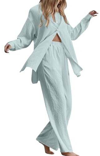 Co Ord Sets For Women Summer 2 Pieces Holiday Outfits Cotton Linen Long Sleeve Button Shirts & Wide Leg Trousers Baggy Lounge Wear Sets Ladies Lightweight Comfy Travel Outfit For Beach Streetwear