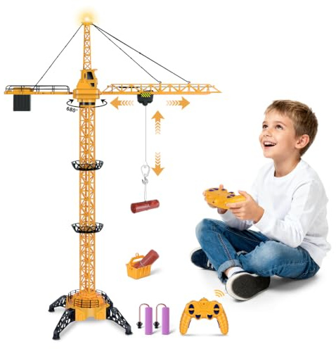 Herefun Ferngesteuerte Turmkran, 128 cm Hohe 2,4 Hz Turmdrehkran, 6 Kanäle Tower Crane Elektrisch, RC Baukran mit Hebehaken, Turmdrehkran Kanäle Lichtern für Kinder