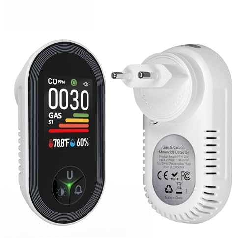 4-in-1 Plug-in Rilevatore di monossido carbonio e gas combustibili Allarme combinato CO Metano Propano GPL con monitoraggio temperatura umidità per casa hotel viaggio in camper