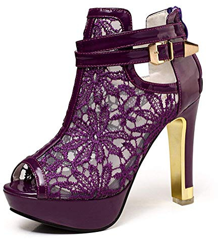 getmorebeauty Women's Pretty Lace Flowers Open Toes High Heels Ankle Boots (10, Purple)