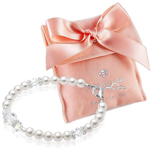Baby Crystals Sterling Silver Jewelry Newborn Baby Bracelets for Infant Girls, White Pearl Bracelet for Girls, Baby Girl Gifts, Toddler Bracelets, little Girl Jewelry
