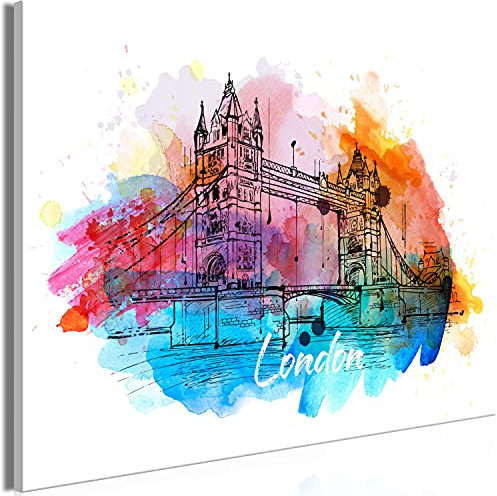 B&D XXL - Wandbilder XXL Stadt 90x60 cm 1 tlg - Wand Deko Vlies Leinwand Bilder Groß Wanddeko Wohnzimmer Schlafzimmer Kunstdrucke - England London Brücke Architektur bunt wie gemalt