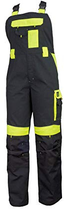 Urgent URG-Y Latzhose Herren reflektierend Arbeitshose Schutz für Maler Stuckateur Monteur Gärtner Mechaniker Cargohose große Taschen leichte Hose Damen Schutzkleidung; schwarz mit gelb; (52)