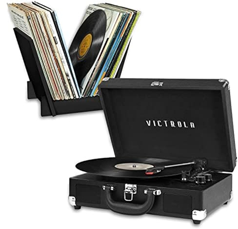 Victrola Journey + Bluetooth Suitcase Record Player with Matching Bridge Stand & Built-In Speakers – 3 Speed Vinyl Record Player, RCA Out, Headphone Jack, Vinyl Stream (Black)