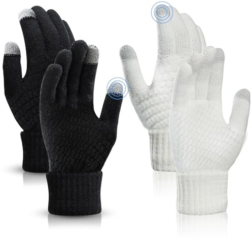 TAGVO 2 Paires De Gants Tricotés d'hiver pour Femmes, Quelques Gants Chauds à Écran Tactile avec Une Doublure en Polaire Fine,Adaptés Aux Activités De Loisirs, Noir/Blanc,Taille Unique
