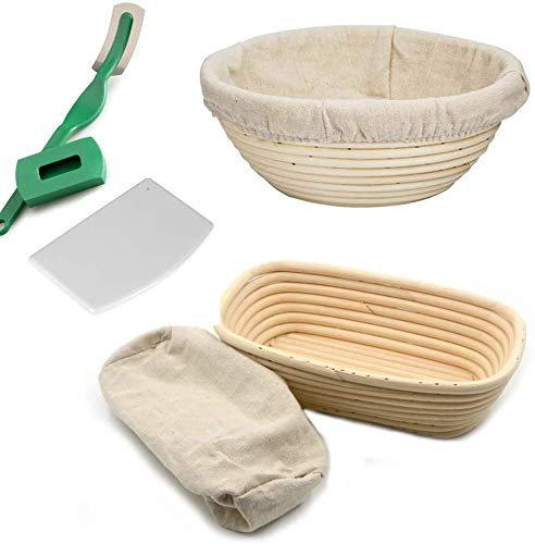 NIU Banneton Gärkörbchen-Set, handgefertigt, 22,9 cm, rund und 25,4 cm, oval, zum Aufsteigen von Teig, Gärung, Backen, mit Teigschaber, Leineneinsatz, Stoff, Brotlame, Beige