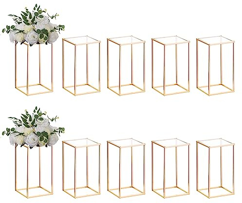 Nuptio 10 Piezas Jarrón Dorado Soporte Columna Metal, Jarrón Centro Mesa Geométrico, Jarrones Suelo 40cm, Estantes Flores Altos Decorativos Hogar, Eventos, Fiestas, Bodas, Decoraciones para Recepción