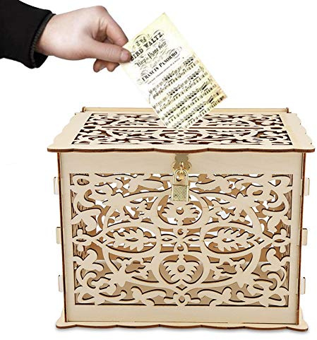 Buachois Hochzeitskarten Box, Holz Hohle DIY Geschenk Sumschlag Deko Kiste mit Schlitz und Schloss, Hochzeit Gastkartenbox für Empfang, Hochzeitstag, Babyparty, Geburtstag, Abschlussfeier