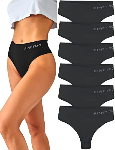 FINETOO 6 Pack High Waisted Thongs for Women, Nylon Spandex Panties Breathable Soft Stretchy Underwear High Rise S-XL (L)