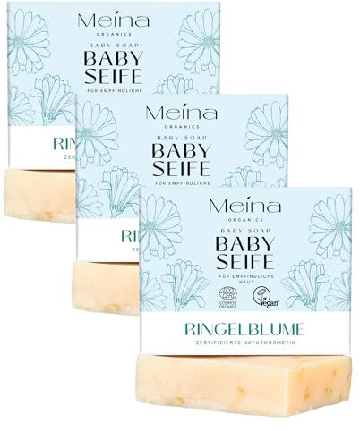 Meina Naturkosmetik - Bio Kinderseife, Baby Seife für empfindliche Haut, Naturseife mit Ringelblume ohne Palmöl, Zertifiziert, Vegan, Nachhaltig, Handgemacht, Wie ein festes Duschgel - 100g