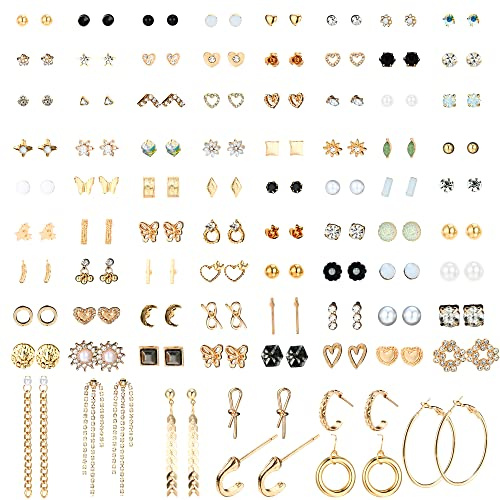 Adramata 90 Paar Ohrringe Set Ohrstecker für Damen Verschiedene Ohrring Set Lang Baumelnd Tropfen Hängend Ohrring CZ Perlenohrringe Creolen Gold Silber Ohrringe für Damen Mädchen