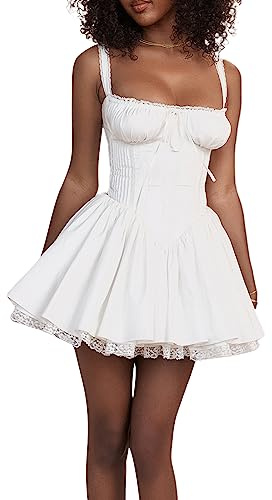 PDYLZWZY Y2k Robe courte pour femme - Col carré - Style bohème - Bretelles spaghetti - Fente - Une ligne - Corset - Sans manches - Coupe basse, Blanc., S