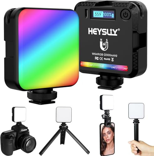 Heysliy RGB Video Light, Camera Light 360° Full-Color with Mini Tripod & Clip, 2500K-9000K Dimmable/20 Scene Modes/2000mAh Rechargeable, Portable Small LED Light Panel for Photography, Video, Selfie