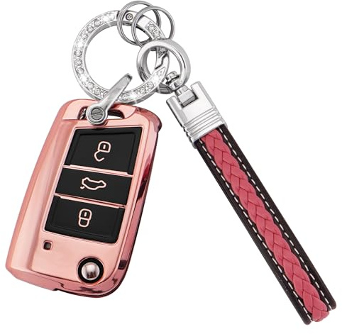 Autoschlüssel Hülle für VW / Seat Zubehör 3 Tasten TPU Schlüsselhülle, Roségold | Für VW Golf 7 Polo MK6 Jetta Superb Für Seat Leon Ibiza Schlüsselhülle Schlüsselband