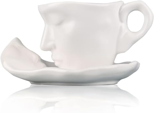 Hochwertige Keramik Tasse mit Gesicht I Kaffeetasse-Set mit Untertasse: Ideal für alle Kaffeeliebhaber I Mikrowellen- und Spülmaschinenfest in Elegantem Weiß & Schwarz (Weiß)