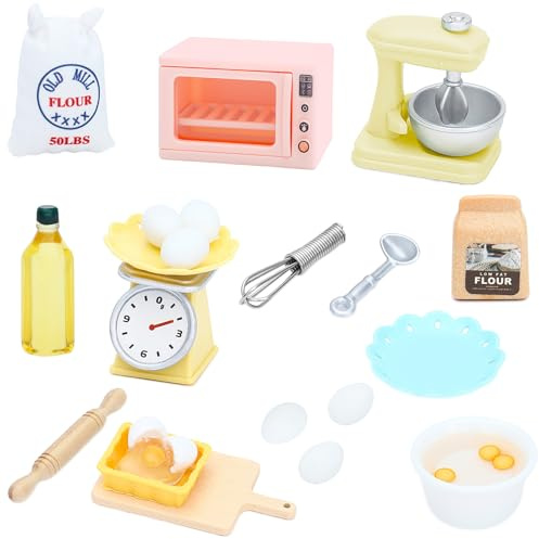 ONEST 26 Pieces Miniature Dollhouse Accessories Mini Stuff with Stand Mixer Kitchen Scale Flour Rolling Pin and Others for Dollhouse Kitchen Toys