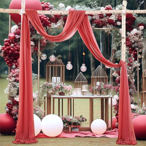 Highdi Hochzeitsbogen Hochzeit Vorhang, Chiffon Tüll Stoff Querbehang Freihanddeko Transparentem Voile Gardinen Foto Hintergrund Dekoration für Torbogen Geburtstag Party (Rot,75 * 1000cm)