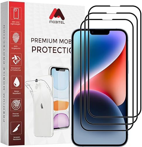 Mobitel 3-Pack Tempered Full Coverage Glass Screen Protector 9H Hardness Anti-Bubble Anti-Scratch Case Friendly Easy Installation HD Clear (iPhone 13 Pro Max / 14 Plus)