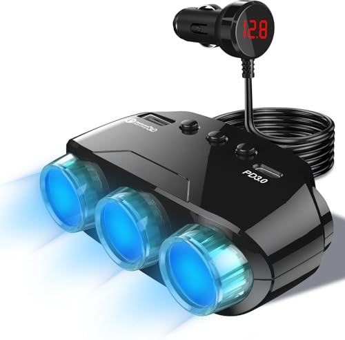 AXFEE 5 in 1 Zigarettenanzünder Verteiler, 122W 12V/24V DC Mehrfach Steckdose Splitter mit 70cm Kabel, PD & QC 3.0 Auto Ladegerät Adapter, mit Getrennte Schalte, für iPhone/GPS/Dash Cam/Telefon/iPad