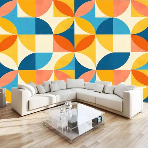 Fototapete Orange Blau Und Gelb Retro Geometrisch 3D Effekt 150 x 105 cm - Fototapete Schlafzimmer Wohnzimmer Moderne Vliestapete XXL Wandtapete Motivtapeten 3d Effekt Dekoration - Collage Geometrie