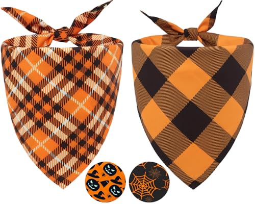 2 x Herbst-Hundehalstücher, Halloween-Hundehalstücher, eine Seite orangefarbenes Karomuster, die andere Seite, Kürbis- oder Spinnennetz-Lätzchen, Urlaubs-Haustier-Schal für Jungen und Mädchen