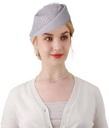 Damen-Fascinator, britischer Stil, Kirche, Derby, Hochzeit, Winter, Vintage-Fascinator, Baskenmütze, 100 % Wollfilz, Schleierhut, GRAU, Medium