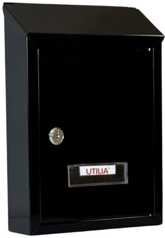 UTILIA Cassetta Postale Capri cm. 21x6x30 h, Porta Lettere in Lamiera Verniciata con Tetto, Feritoia Superiore Posteriore, Cassetta della Posta da Esterno con Serratura a Cilindro, 2 Chiavi (Nero)