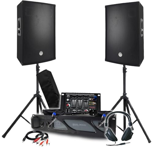 Pack Sono BM Bmsonic Amplificador 3000 W, par de altavoces pasivos 2 x 700 W, mesa de mezcla, pies, auriculares DJ, cables y micrófono